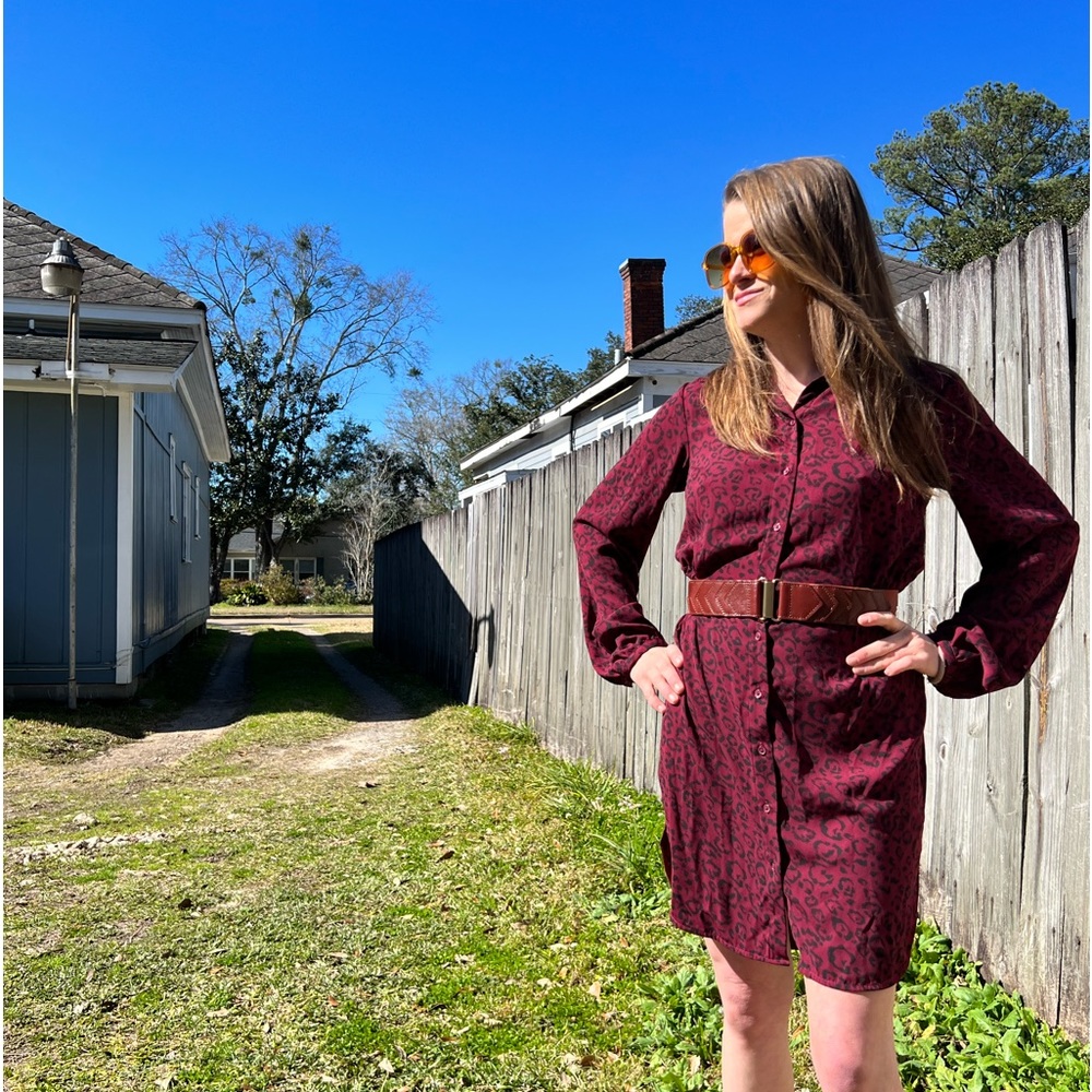 Burgundy Leopard Print Button Down Collared Dress